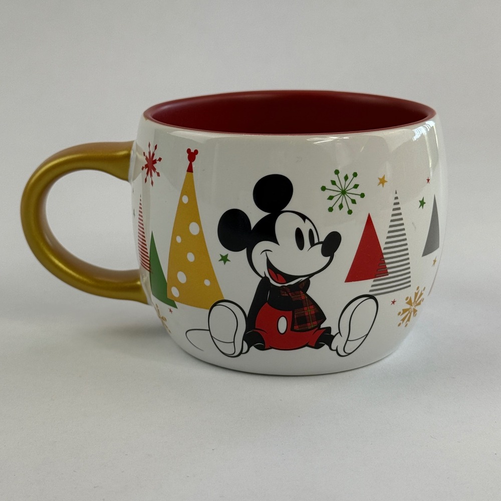 Disney Store Mickey and Minnie Mouse Christmas Holiday Mug Gold Handle White Red